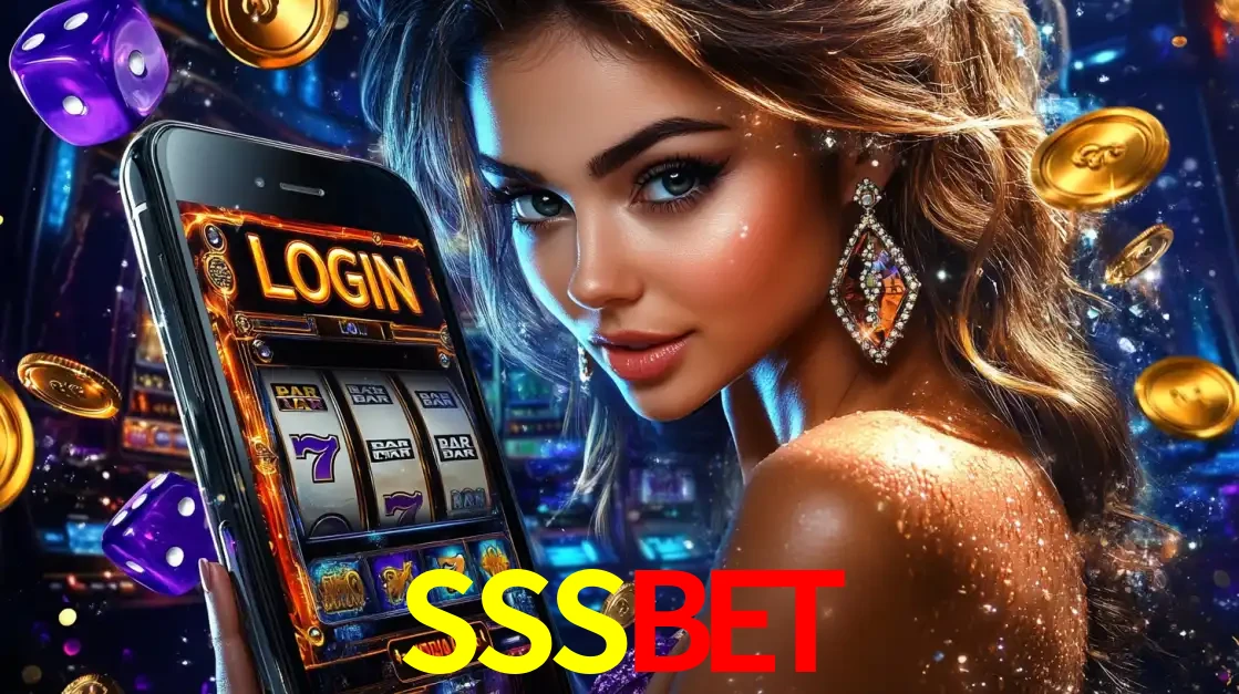 Mulher glamorosa segurando um smartphone com a tela de login para os jogos de caça-níqueis do cassino online SSSBET, com moedas de ouro e dados ao redor.