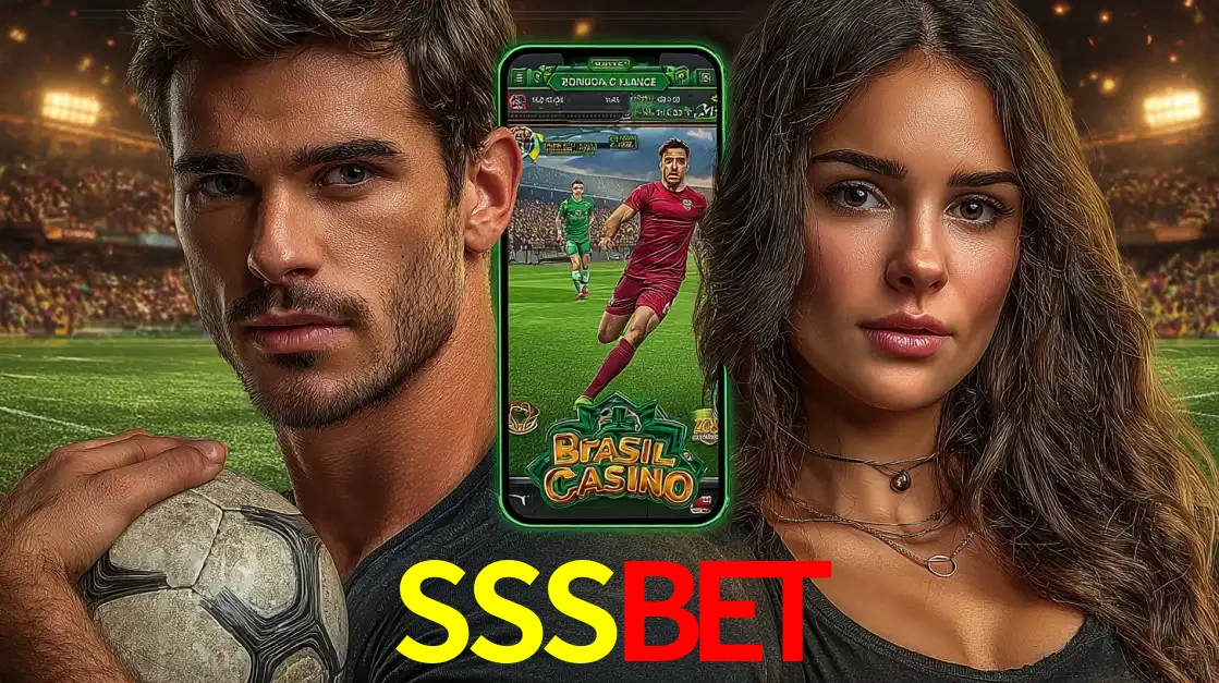 Homem segurando uma bola de futebol e uma mulher ao lado de um smartphone exibindo o jogo de apostas esportivas da SSSBET. Faça seu palpite no cassino online.